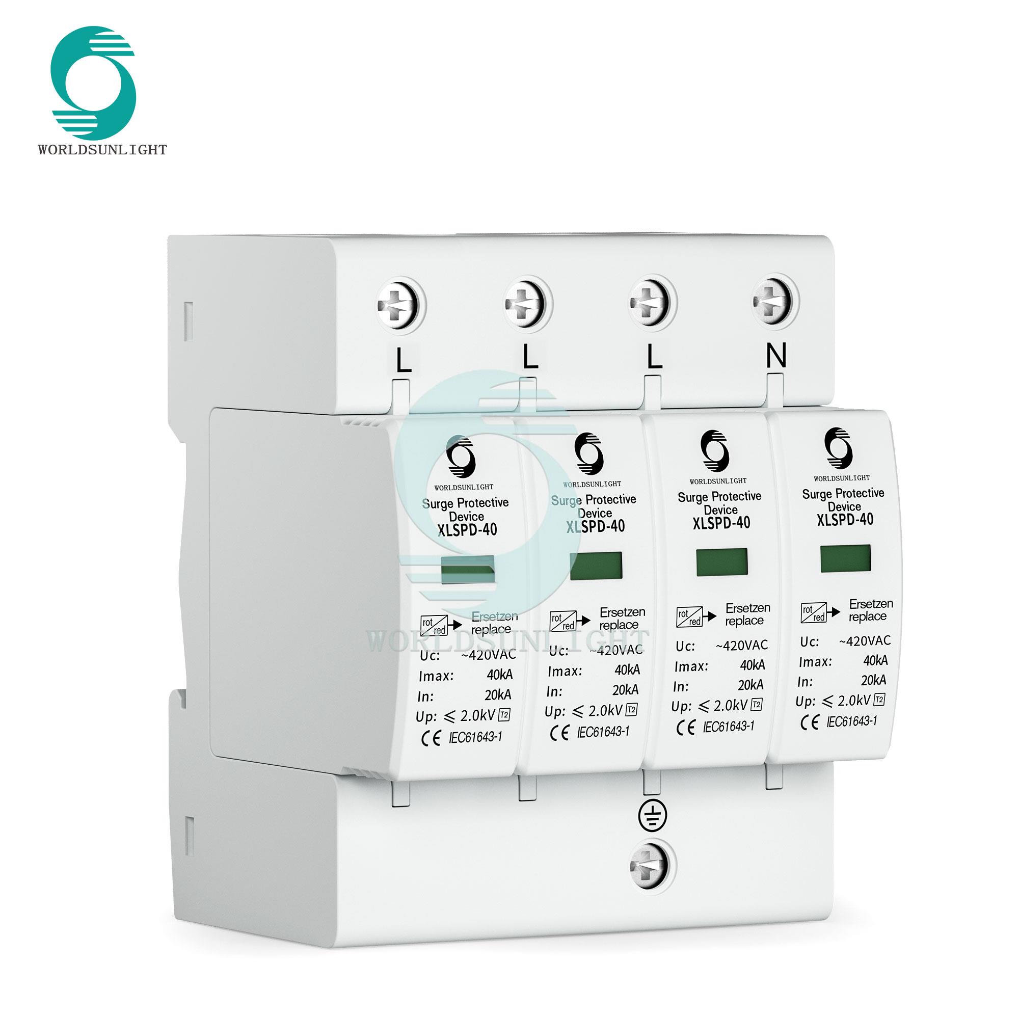Thiết bị chống sét lan truyền ba pha CE Worldsunlight XLSPD-40 20-40AK 420VAC 4 cực AC DPS thiết bị chống sét lan truyền SPD